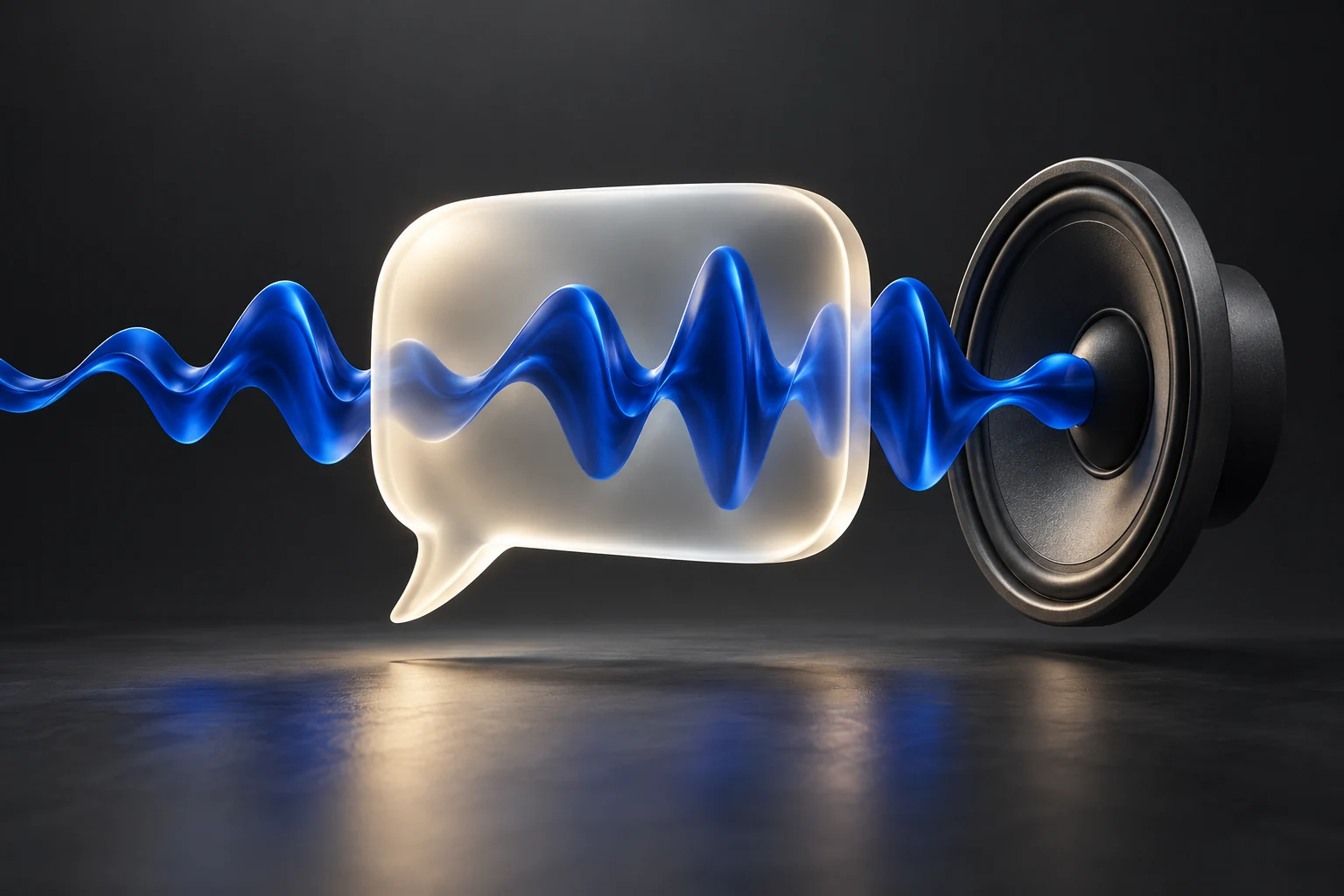 Concept illustration of a blue waveform passing through a speech bubble into a speaker